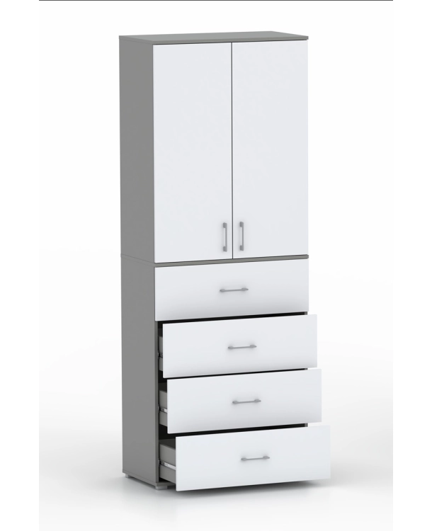 Szafa na ubrania z drążkiem Pola 215 - 4 szuflady 60 / 70 / 80 cm szara z białymi frontami
