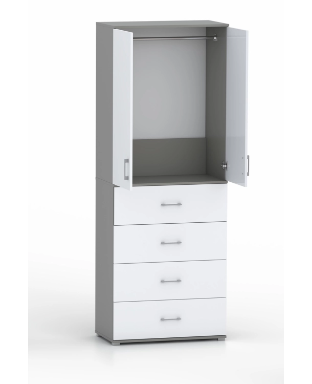 Szafa na ubrania z drążkiem Pola 215 - 4 szuflady 60 / 70 / 80 cm szara z białymi frontami