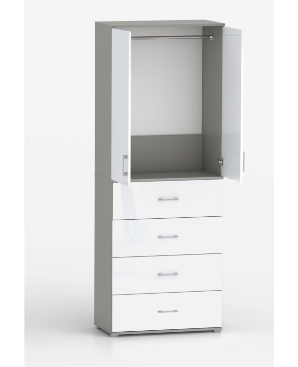 Szafa na ubrania z drążkiem Pola 215 - 4 szuflady 60 / 70 / 80 cm szara z  frontami w połysku